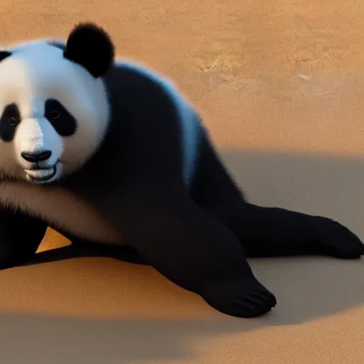 Prompt: 3 d render of a fluffy panda sunbathing on a beach,