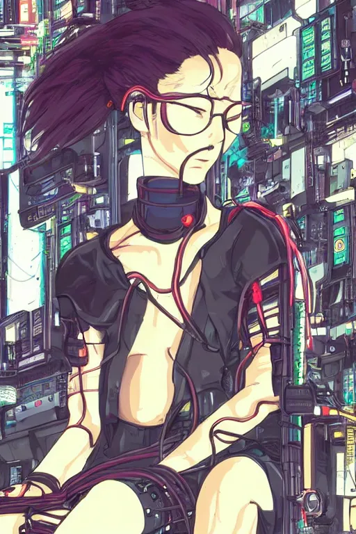 Prompt: cyberpunk anime style illustration of an android girl seated on the floor in a tech labor, seen from behind with her back open showing a complex mess of cables and wires, by masamune shirow, mamoru oshii and katsuhiro otomo, studio ghibli color scheme