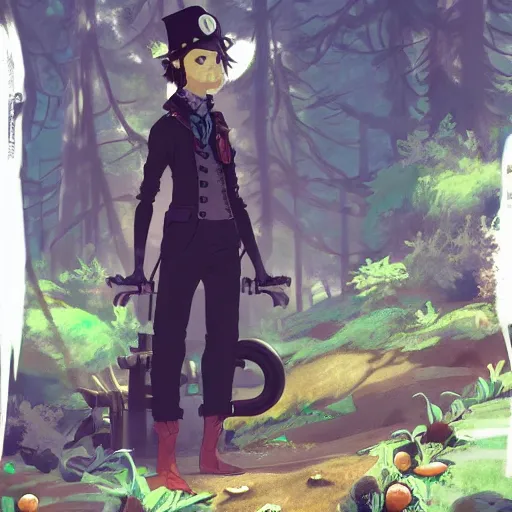 Image similar to concept art painting of an anthropomorphic crow with steampunk clothes, in the deep forest, realistic, detailed, cel shaded, in the style of makoto shinkai and greg rutkowski and james gurney