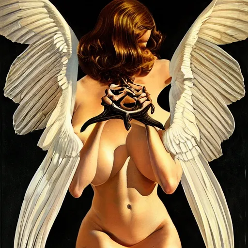 Prompt: upper body portrait of divine feminine muse, bikini made of bones, black wings, oil on canvas, hyper realism, Lovecraftian, by J. C. Leyendecker and boris vallejo, artstation, concept character art