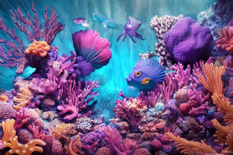 Prompt: stunning ultra realist waves underwater curiosities reflections and refractions corals and fishes carnival, symmetry accurate features, focus, very intricate ultrafine details, blue purple aqua colors, award winning masterpiece, octane render