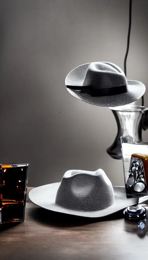 Prompt: a gray fedora with a black hat band is on a dark wood table, next to it is a cut crystal rocks glass with some bourbon in it, next to it is a toy ray gun, film noir lighting, 8K