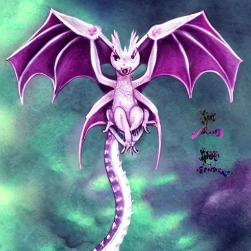 Image similar to adorable baby dragon, the dragon is purple and glittery, fantasy concept art, pastels, ethereal fairytale, watercolor kawaii