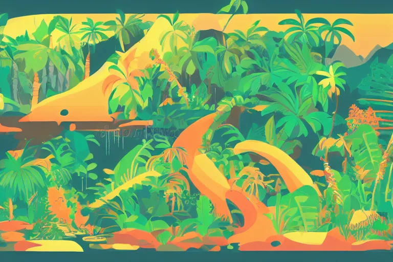 Prompt: jungle mountain water vector illustration digital art by james gilleard trending on artstation