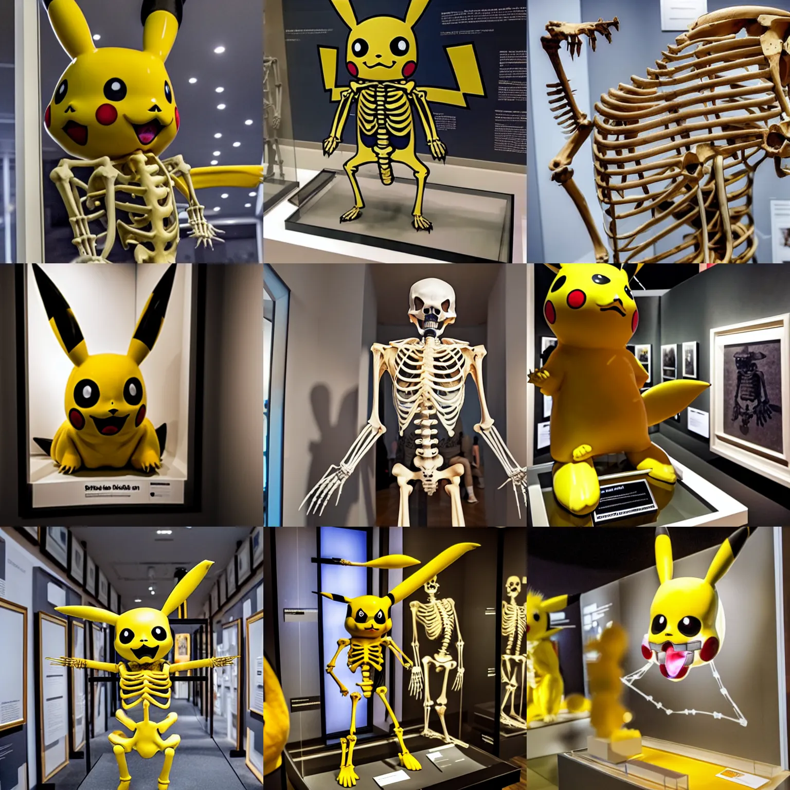 Prompt: photo of a pikachu skeleton on display in a museum