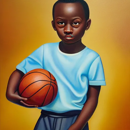 Prompt: a painting of a young boy holding a basketball, a fine art painting by kadir nelson, featured on dribble, american realism, oil on canvas, art, detailed painting