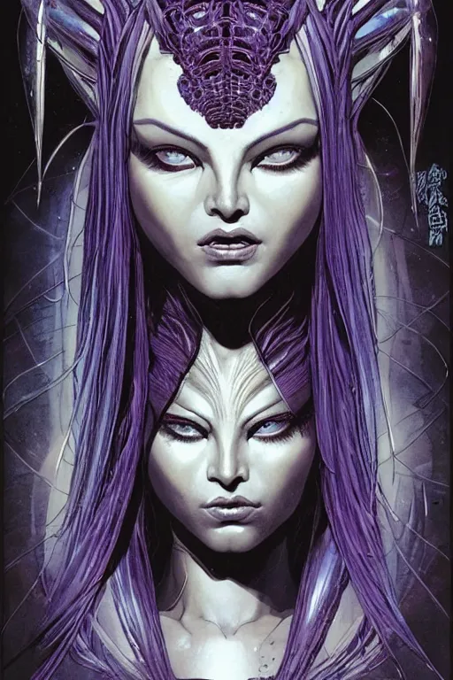 Prompt: a beautiful exotic other-worldly alien queen bust portrait, with confident twinkling eyes, extremely detailed frontal declotage and thick flowing hair, perfectly symmetrical facial features and muscle anatomy, ultradetailed art and illustration, aquiline facial features and primordial beauty, by bill sienkiewicz and chris bachalo and travis charest, fantasy, intricate complexity, asian and native american facial structure, accurate human anatomy mixed with hyper-evolved alien characteristics, sci-fi character concept, mixed media, splatter, bleed, hyperrealism 8k