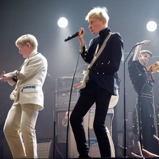 Prompt: Franz Ferdinand with Napoleon in 2022 London putting Boris Johnson on the cross Infront of a crowd of 50000 people