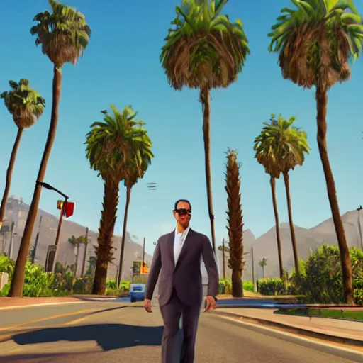 Image similar to Jeff Goldblum in GTA v. Los Santos in the background, palm trees. In the art style of Stephen Bliss