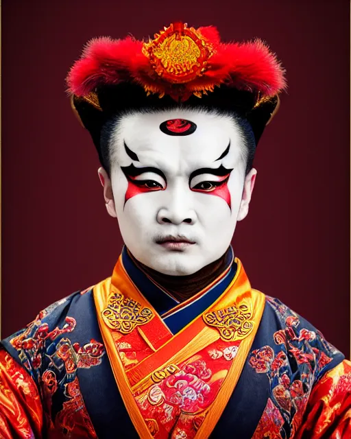 Image similar to photo of a Dramatic Peking Opera male character with hindi Sanskrit devanagari words painted on face in the style of stefan kostic, realistic, sharp focus, symmetric, 8k high definition, insanely detailed, intricate, elegant, art by stanley lau and artgerm, hindi manuscript, hindi font, William-Adolphe Bouguereau