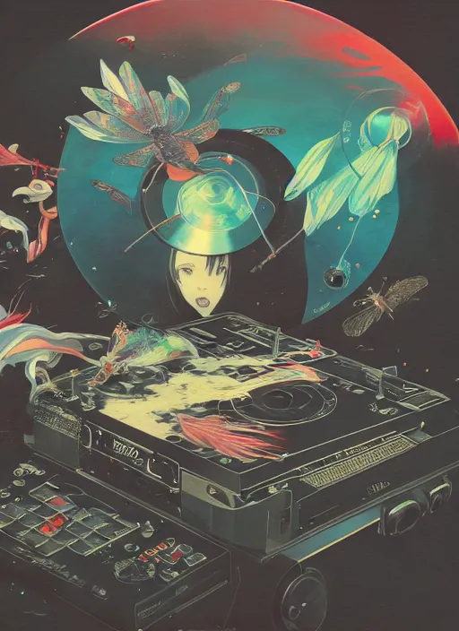 Image similar to surreal gouache painting, by yoshitaka amano, by ruan jia, by Conrad roset, by good smile company, detailed anime 3d render of a magical round flying Vinyl Discos , DJ Mixer, deck surrounded by Dragonfly,flying discos , controller, portrait, cgsociety, artstation, rococo mechanical and Digital and electronic, dieselpunk atmosphere