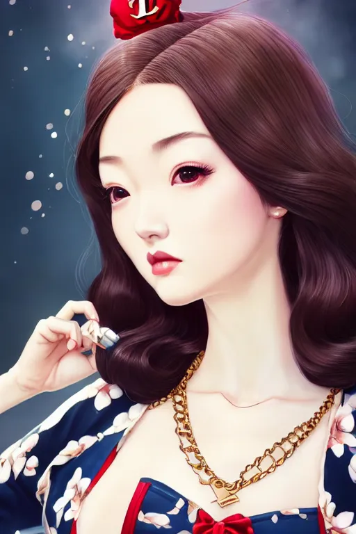 Image similar to a pin up and beautiful fashion dreamlke japan girl with lv jewelry, character art, art by artgerm and wlop and and ilya kuvshinov, hyperdetailed, 8 k realistic, symmetrical, frostbite 3 engine, cryengine, dof, trending on artstation, digital art, chanel, dior, fantasy background