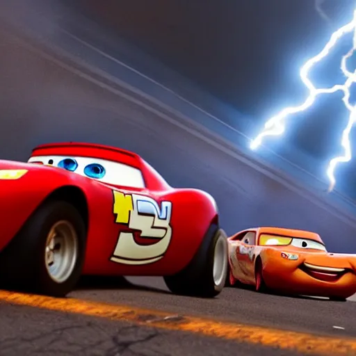 Image similar to a photo from the movie cars, where lightning mcqueen gets into a greusome car accident with tow mater. rendered in 4 k with presto animation software.