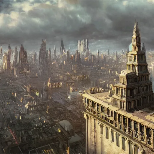 Prompt: an ultra detailed matte painting of a lonely and impossibly elevated temple district of the damned god, with a lone tall ominous gothic dark tower elevated high above the city, in a river elevated high above the city, fantasy capital city, ultrawide lense, aerial photography, volumetric lighting, exquisite detail, 8 k, art by greg rutkowski and alphonse mucha