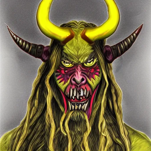 Prompt: a demonic orc with yellow eyes and tangled horns covered in intricate mazelike paint
