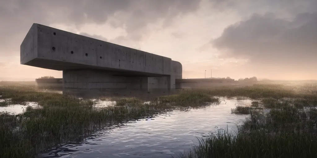 Prompt: render of huge futuristic concrete building by le corbusier, puddles of water, trees and bushes, dune style, neon glow, vivid color, moody lighting, unreal engine, bright sunrise, epic skies, foggy