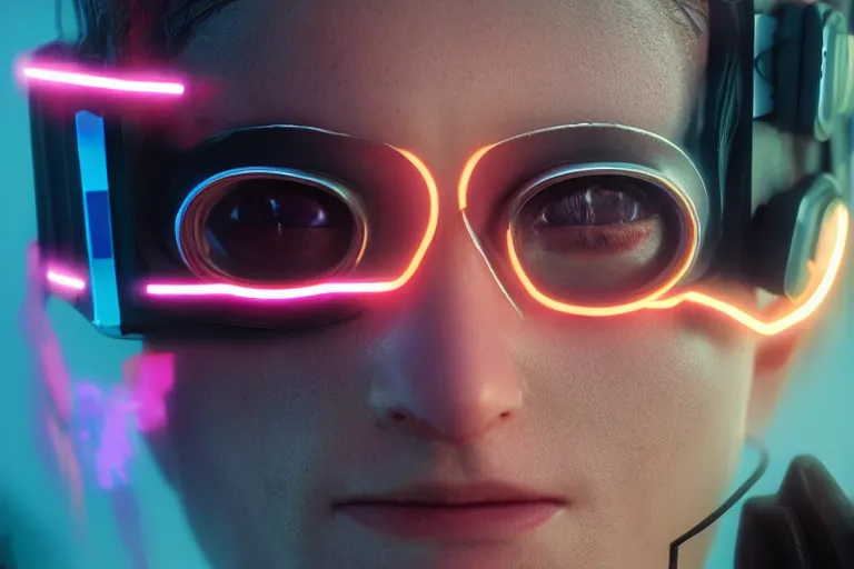 Prompt: VFX movie of a cyberpunk hacker closeup portrait in high tech compound artstation, goggles, beautiful natural skin neon lighting by Emmanuel Lubezki