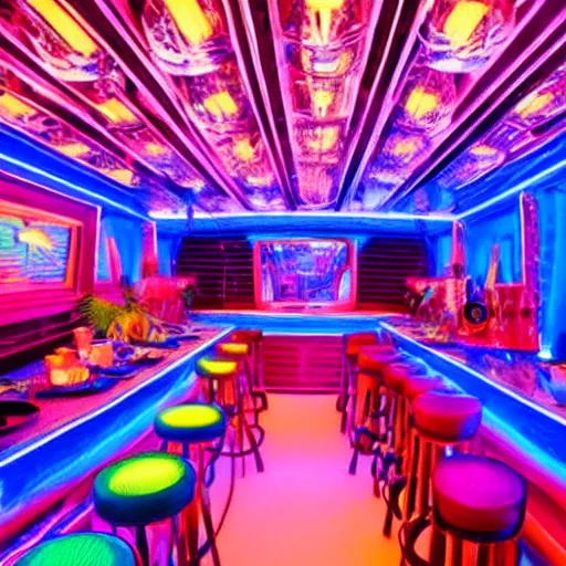 Prompt: architectural digest photo, inside a crowded futuristic neon tiki bar inside a yacht, tropical plants, blue lighting with small pastel orange and pink accent lights, crowd of cool people dancing