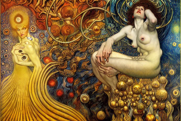 Image similar to Divine Chaos Engine by Karol Bak, Jean Delville, William Blake, Gustav Klimt, and Vincent Van Gogh, symbolist, visionary