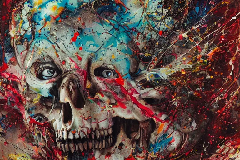 Image similar to a splattered action painting by jackson pollock showing a skull, ultradetailed, fine art painting, peter mohrbacher, moebius, skull carving, frottage, watercolor, acrylic, multilayered paint, spectacular splatter explosion, psychedelic art