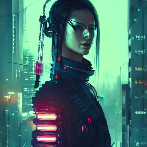 Prompt: portrait of a fierce dangerous cyberpunk hacker cyborg samurai in neotokyo at night, futuristic cyberpunk tokyo night, sci - fi and fantasy, intricate and very beautiful, highly detailed, digital painting, artstation, concept art, smooth and sharp focus, illustration, art by tian zi and wlop and alphonse mucha