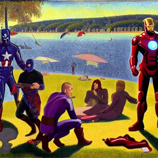 Image similar to ironman, thanos, captain america a sunday afternoon on the island of la grande jatte, painting