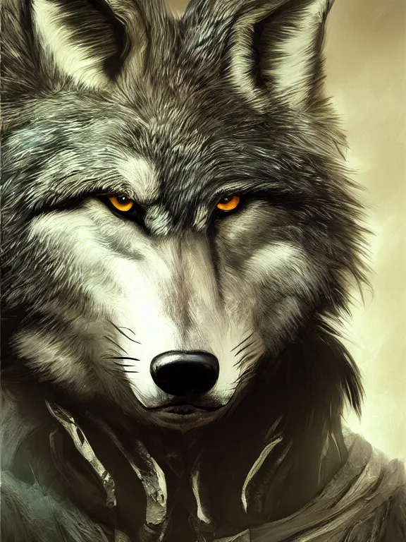 Image similar to 3/4 headshot of cute anthro wolf man, handsome, fantasy, intricate, long muzzle, wolf ears, fursona, black fur, elegant, highly detailed, digital painting, artstation, concept art, smooth, sharp focus, illustration, art by artgerm and greg rutkowski and alphonse mucha bright Maldives beach in background