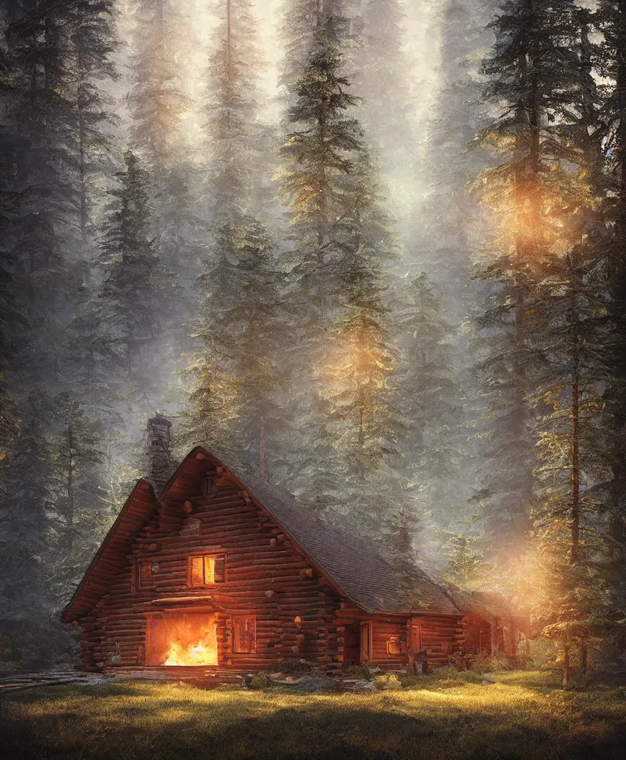 Prompt: of a beautiful Hyperrealistic log cabin with smoke from chimney in the middle of the forest, macro lens, highly detailed, digital painting, trending artstation, concept art, illustration, cinematic lighting, vibrant colors, photorealism, epic, octane render