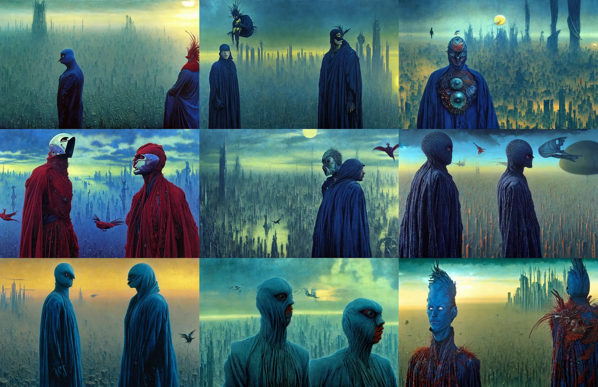 Prompt: realistic detailed portrait movie shot of a birdman wearing dark ragged robes, futuristic city sunrise landscape background by denis villeneuve, amano, yves tanguy, alphonse mucha, ernst haeckel, max ernst, roger dean, ridley scott, dynamic closeup composition, rich moody colours, blue eyes