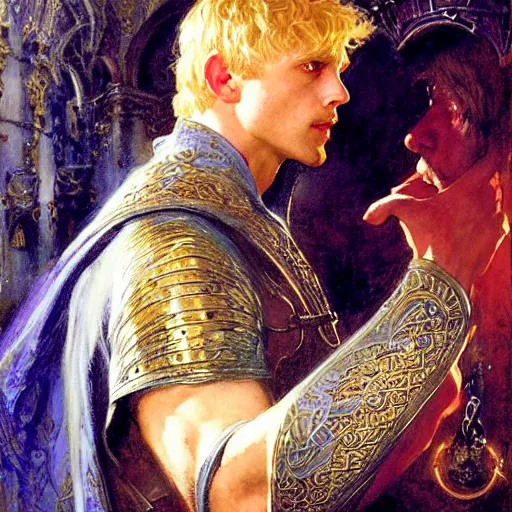 Image similar to handsome arthur pendragon in love with handsome merlin the mage. merlin is also in love with arthur. highly detailed painting by gaston bussiere, craig mullins, j. c. leyendecker