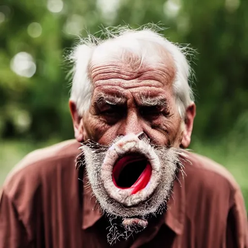 Image similar to National Geographic photo of angry old man with spiders in his mouth