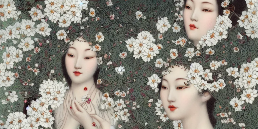 Image similar to breathtaking detailed concept art painting art deco pattern of faces goddesses of white flowers with anxious piercing eyes and blend of flowers and birds, by hsiao - ron cheng and john james audubon, bizarre compositions, exquisite detail, extremely moody lighting, 8 k
