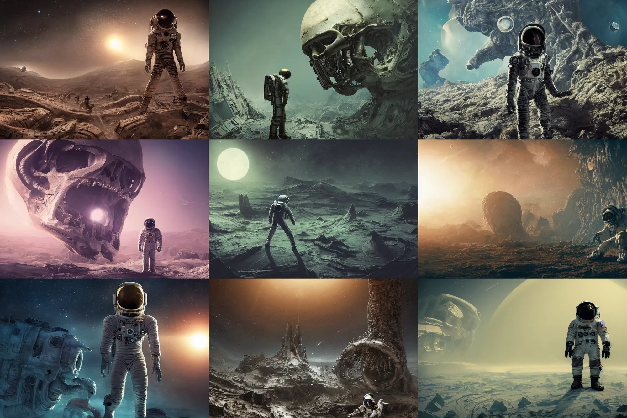 Prompt: distant low angel photograph of an astronaut exploring an abandoned alien planet with alien skeletons, alien skulls, fallen kingdom city ruins, science fiction, detailed space suit, cinematic, hypermaximalist, detailed, 4k, 8k, breathtaking stars, surrealism, distant, concept art, digital art, sharp focus, reflections, RTX, octane render, acid pixie, Trending on DeviantArt