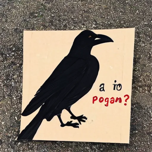 Prompt: a photo of a crow begging for peanuts with a handwritten cardboard sign.