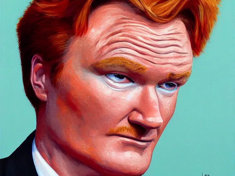 Image similar to portrait of conan o'brien with an hand on his chin, painting by jose malhoa, high detail, high resolution