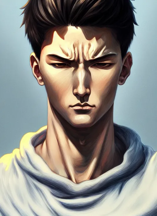 Image similar to handsome saitama, half body shot, path traced, fighting, highly detailed, high quality, digital painting, alena aenami, lilia alvarado, shinji aramaki, karol bak, alphonse mucha, tom bagshaw