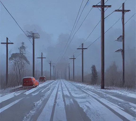 Image similar to realistic powerlines, by simon stalenhag