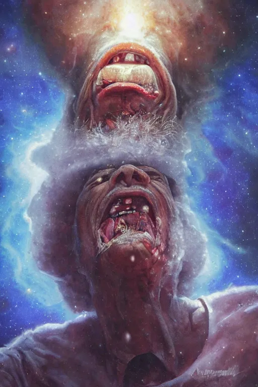 Image similar to an old man screams and a tornado comes out of his mouth by artgem and les edwards, highly detailed, high contrast, light reflection, trippy, nebula, trending on artstation