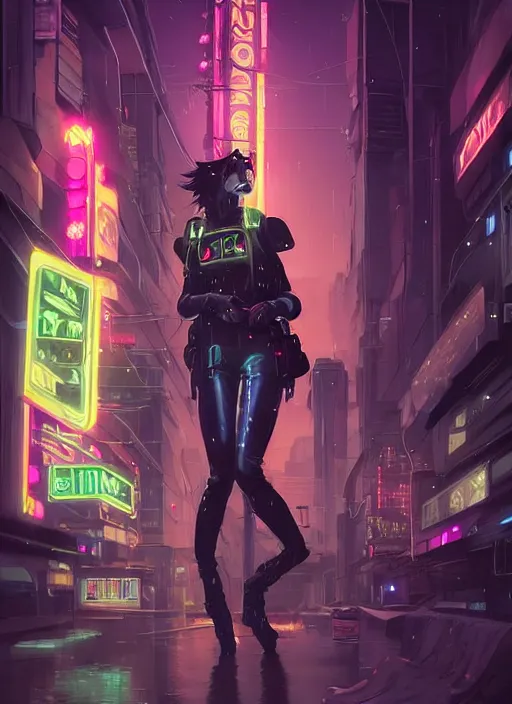 Image similar to beautiful portrait commission of a female furry anthro mountain lion wearing a bullet proof vest and cargo pants. Cyberpunk city at night in the rain. Neon light. Atmospheric. Character design by charlie bowater, ross tran, artgerm, and makoto shinkai, detailed, inked, western comic book art