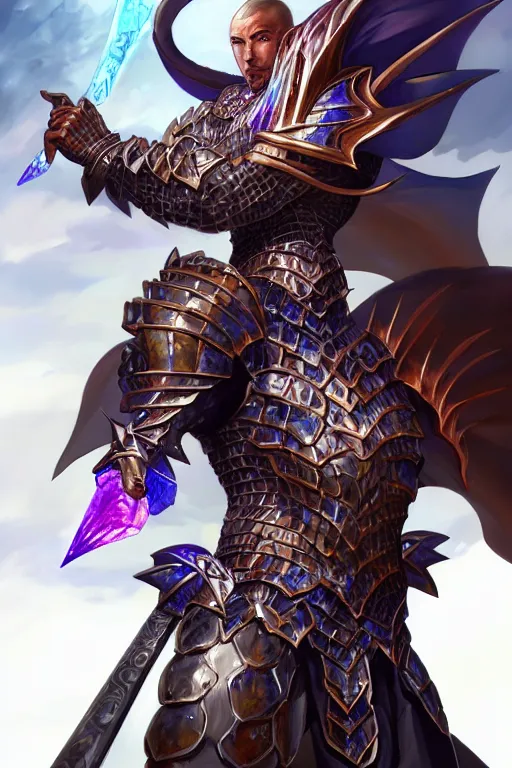 Image similar to Full body character concept art of an anime draconian warrior knight, iridescent scales, cool face, muscular, by Stanley Artgerm Lau, WLOP, Rossdraws, James Jean, Andrei Riabovitchev, Marc Simonetti, and Sakimichan, tranding on artstation