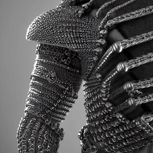 Image similar to tight fitting chainmail armour on an arm. low key cinematic lighting. realistic render