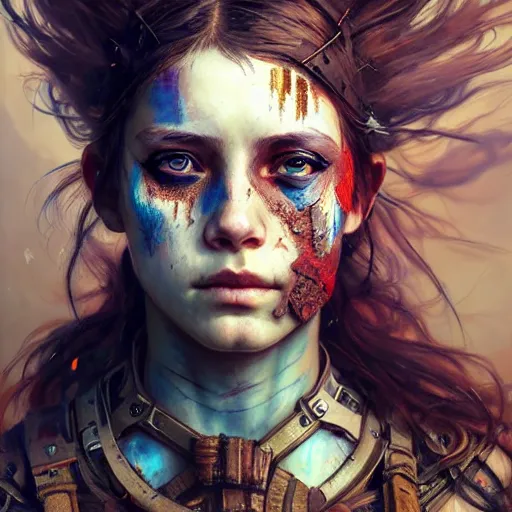 Image similar to portrait painting of a post - apocalyptic teenage girl with warpaint on her face wearing scrap armor, concept art, intricate details, eerie, highly detailed, octane render, 8 k, unreal engine. art by artgerm and greg rutkowski and charlie bowater and magali villeneuve and alphonse mucha