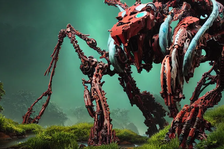 Image similar to a hyper detailed fanghorn evangelion realistic mechanical and organic creature similar look as horizon forbidden west horizon zero dawn, bioluminiscence in a dark deep forest at dawn in spring, with reflection and textures, by kilian eng, substance painter reaslitic mech surface metal painted scratches,