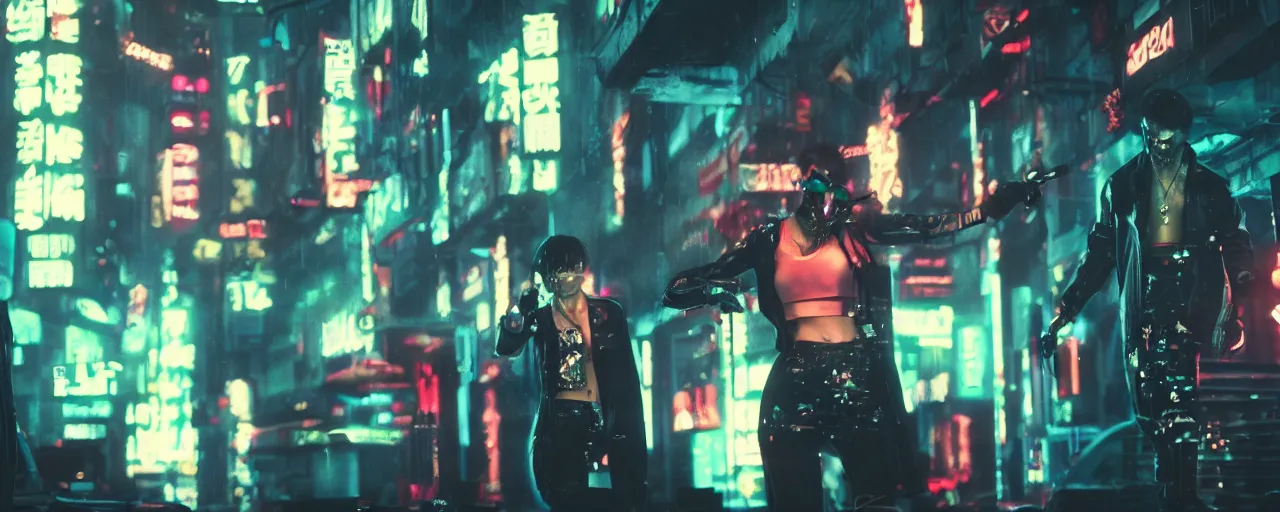 Prompt: gangster in cyberpunk night adult club, 3 5 mm, low angle, blade runner, akira, cinematic angle, cinematic lighting, reflections, action, fight