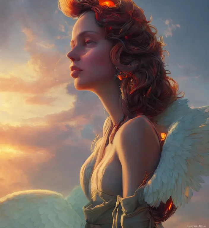 Image similar to centered waist up portrait photography an angel + bokeh + DOF + 8k, photorealistic + rendered in unreal engine + colors and composition by Peter Mohrbacher + line work by Dan Mumford , ultra realistic + backlit + strong rimlight, sunset + HDRI, HD, Photoreal