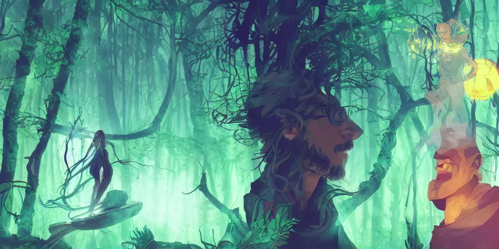 Prompt: 1 6 mm, film, tight shot of subject, a vr shaman rediscovering himself on psychedelics in a mystical glowing forest in the style of juan jimenez, mike mignola, vibrant colors and hard shadows and strong rim light, perfect details, anime, trending on artstation, 3 d render, smooth render, green, wlop