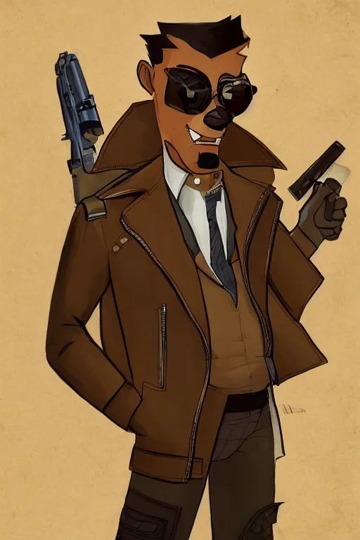 Image similar to a contract killer named cobalt who wears a brown leather jacket. art by cory loftis.