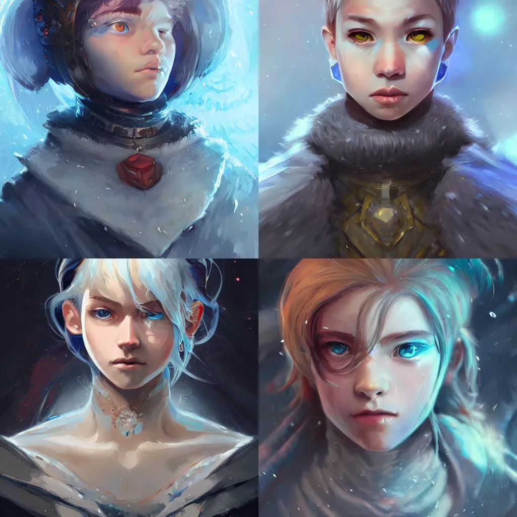 Prompt: Hyperdetailed masterpiece concept art of a half body portrait of an ice kid, hyperdetailed concept art by Ross Tran, high quality DnD illustration, trending on ArtStation