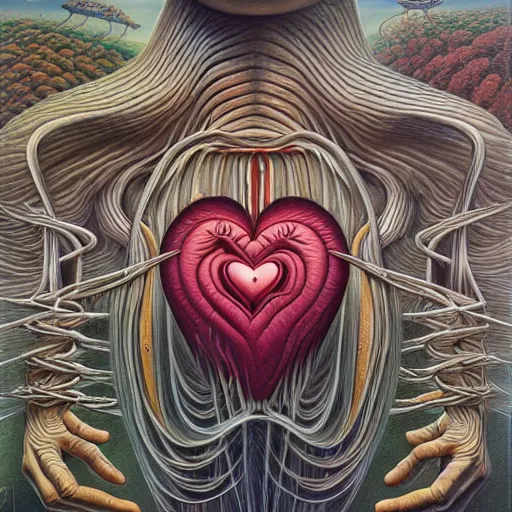 Image similar to her heart by jacek yerka, alex gray, zdzisław beksiński, dariusz zawadzki, jeffrey smith and h.r. giger, oil on canvas, 8k highly professionally detailed, trending on artstation