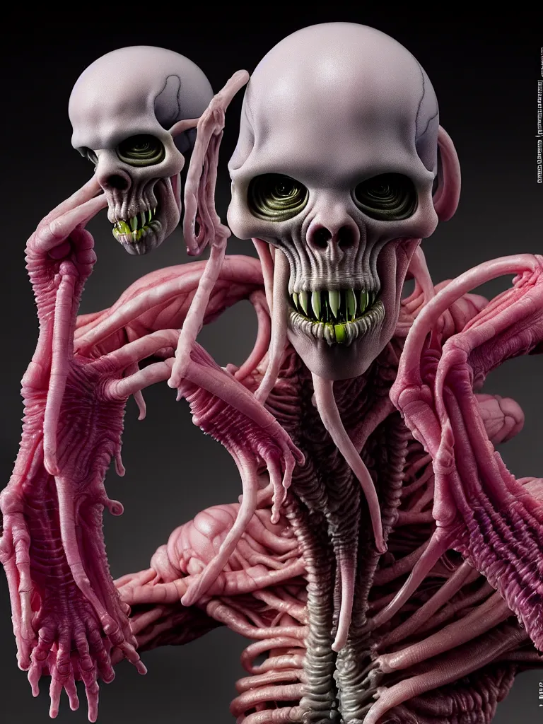 Image similar to hyperrealistic rendering, fat smooth cronenberg flesh monster transparent grey alien with skull and spine by donato giancola and greg rutkowski and wayne barlow and zdzisław beksinski, product photography, action figure, sofubi, studio lighting, colored gels, colored background